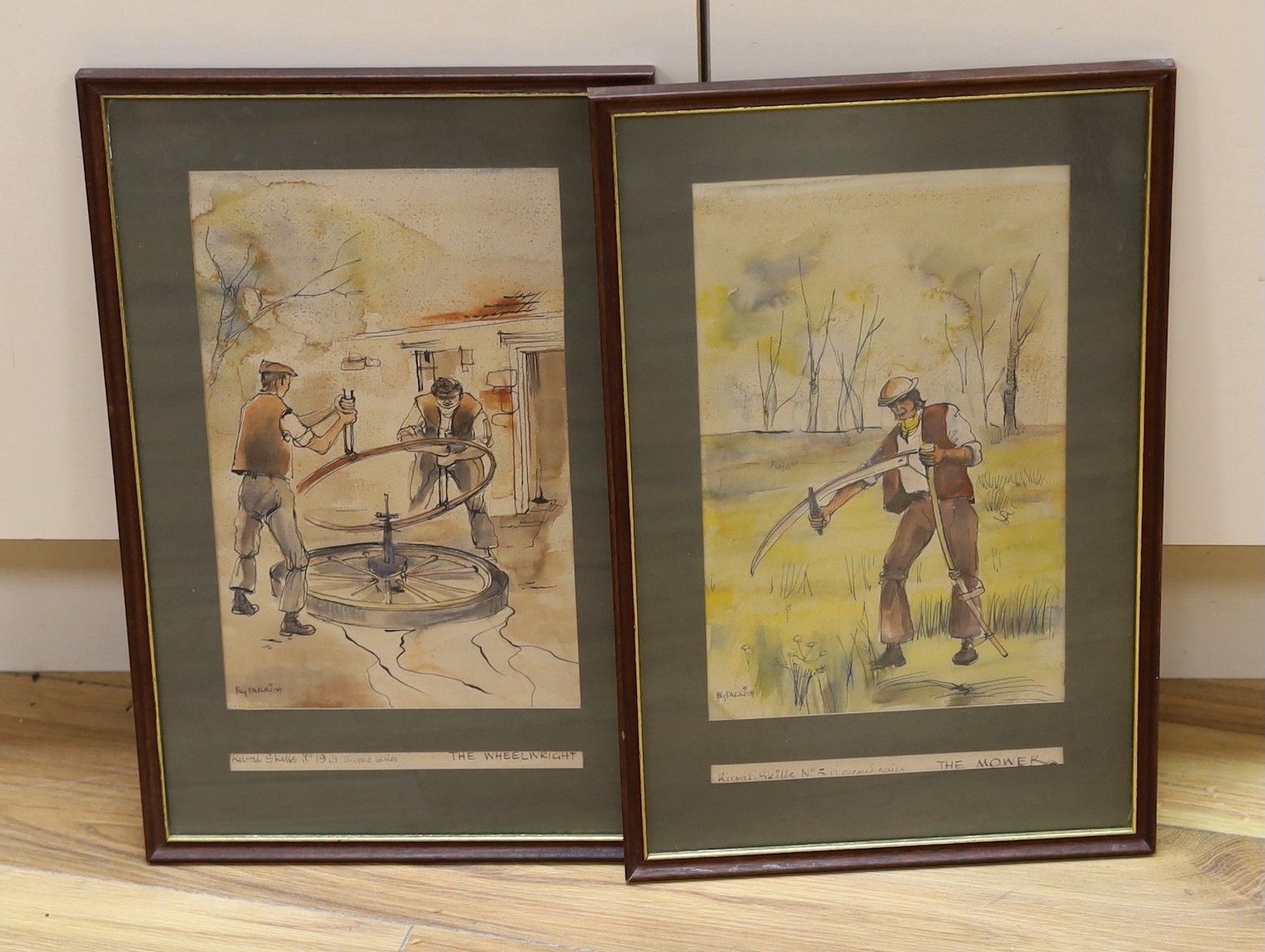B.G. Parrish, 20th century, a pair of watercolours, The Mower and The Wheelwright, signed and inscribed, 28 x 17cm